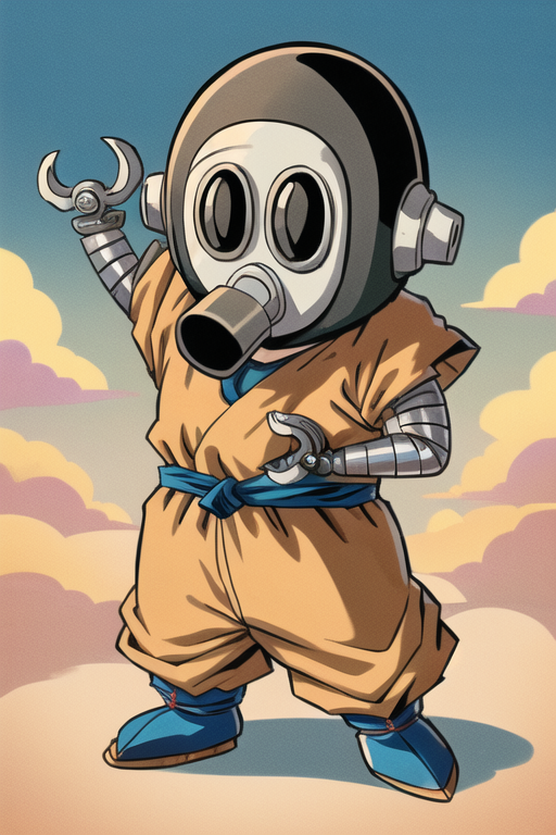 3210039-2367004894-toribot, 1boy, solo, humanoid robot,chibi, (wrench hand), gas mask, full body, standing, orange dougi,son goku, short sleeves, (.png